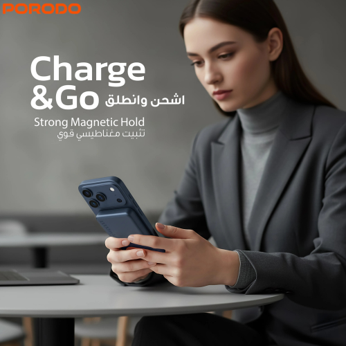 Porodo PDPBFCH067BU 10000mAh Mag Safe Power Bank | 15W Wireless | 20W Power Delivery,Lightweight and Portable,Strong Magnetic Hold and Type-C Input/Output