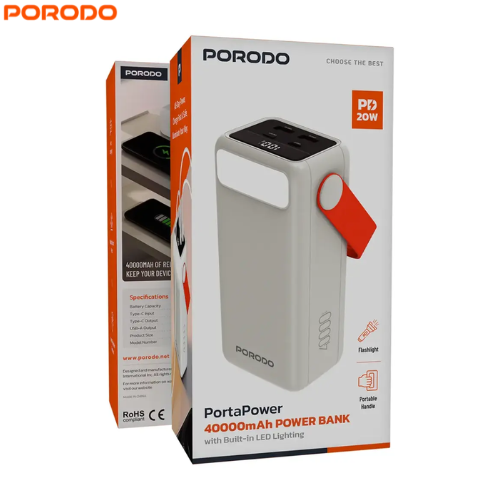 Porodo PDPBXRT40WH Porta Power  40000mAh Power Bank with Built-In LED Lighting ,Smart Protection Features,Multiple Output Ports and Portable Handle