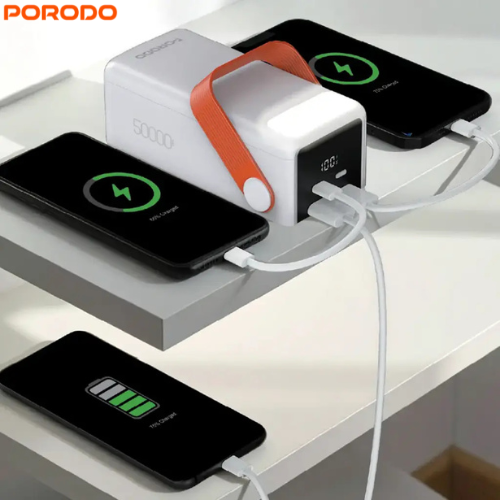 Porodo PDPBXRT50WH PortaPower 50000mAh Fast Charging Power Bank with Built-In LED Lighting,Flashlight,Multiple Output Ports and PD 20W