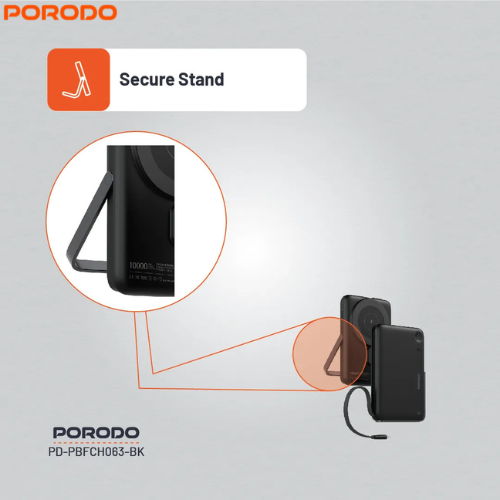 Porodo PD-PBFCH065-BK  MagSafe 10000mAh Power Bank | Built-In Type-C & Stand ,Strong Magnetic Hold,15W  Wireless Output and 20W Power Delivery (PD)