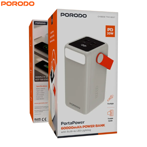 Porodo PDPBXRT60WH PortaPower 60000mAh Fast Charging Power Bank with Built-In LED Lighting and Flashlight,Smart Protection Features & Portable Handle