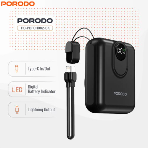 Porodo PD-PBFCH082-BK 10000mAh MagSafe Power Bank 15W Wireless & PD 22.5W Fast Charging,Digital Battery Indicator,