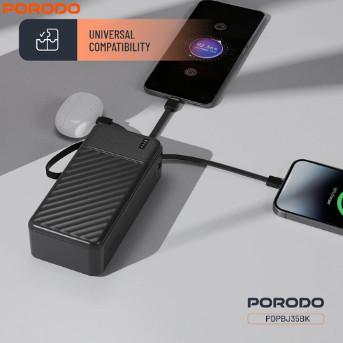 Porodo Piano 30000mAh Power Bank with Integrated Cables | Fast Charging (PDPBJ35BK)