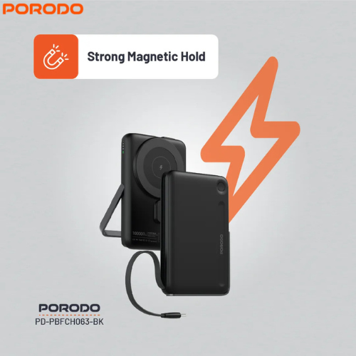Porodo PD-PBFCH065-BK  MagSafe 10000mAh Power Bank | Built-In Type-C & Stand ,Strong Magnetic Hold,15W  Wireless Output and 20W Power Delivery (PD)