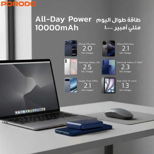 Porodo PDPBFCH067BU 10000mAh Mag Safe Power Bank | 15W Wireless | 20W Power Delivery,Lightweight and Portable,Strong Magnetic Hold and Type-C Input/Output