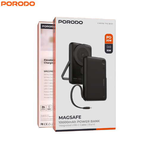 Porodo PD-PBFCH065-BK  MagSafe 10000mAh Power Bank | Built-In Type-C & Stand ,Strong Magnetic Hold,15W  Wireless Output and 20W Power Delivery (PD)