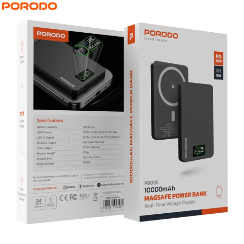 Porodo PDPBFCH085DG 10000mAh MagSafe Fast Charging Power Bank with 15W Max Output and PD 20W,TFT ,Smart Display