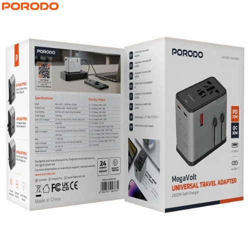 Porodo PDFWCH089SLBK Mega Volt 2300W GaN Charger | Universal Travel Adapter,Built-In Safety Features and Optimized Efficiency