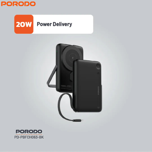 Porodo PD-PBFCH065-BK  MagSafe 10000mAh Power Bank | Built-In Type-C & Stand ,Strong Magnetic Hold,15W  Wireless Output and 20W Power Delivery (PD)