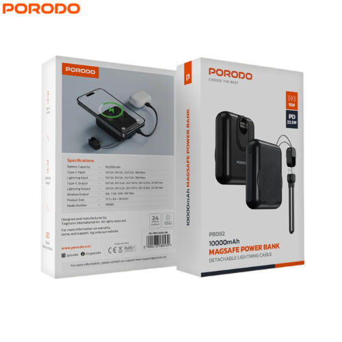 Porodo PD-PBFCH082-BK 10000mAh MagSafe Power Bank 15W Wireless & PD 22.5W Fast Charging,Digital Battery Indicator,