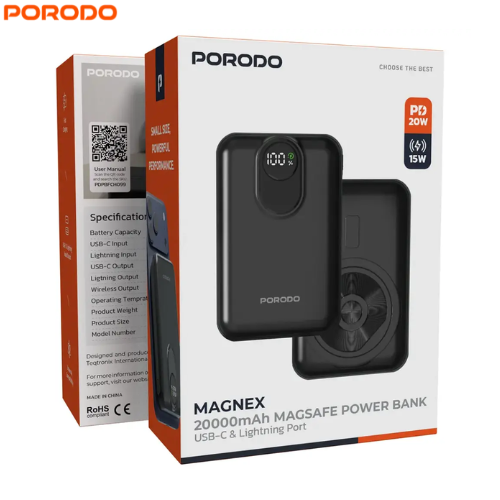 Porodo PDPBFCH099BK  Magnex 20000mAh MagSafe Power Bank | USB-C & Lightning Port,Fast Charging and Universal Compatibility