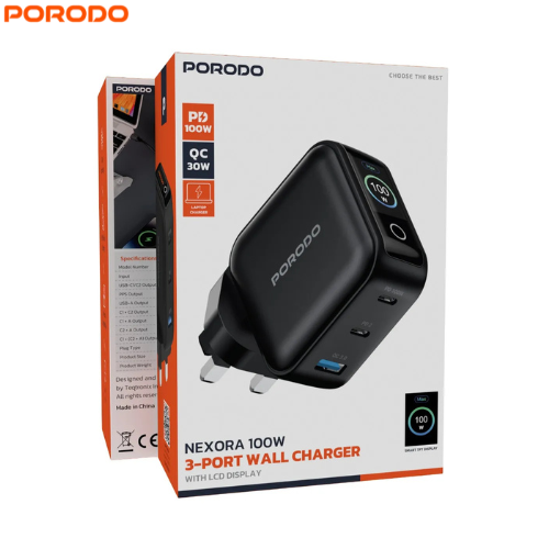 Porodo PDWCP5010BK  Nexora 100W 3-Port Wall Charger with LCD Display,GaN Technology,Multi-Device Charging and Universal Compatibility