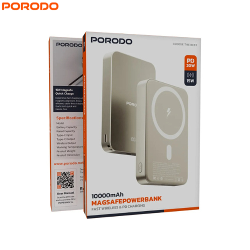 Porodo PDPB15WSLYL 10000mAh 15W Quick Charge MagSafe Power Bank with Compact & Portable Design ,QC+PD 20W Quick Charging,Type-C In/Out and 5500mAh Rated Capacity