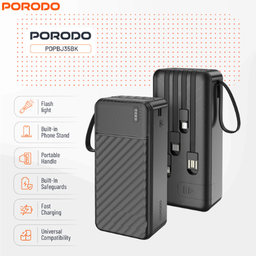 Porodo Piano 30000mAh Power Bank with Integrated Cables | Fast Charging (PDPBJ35BK)