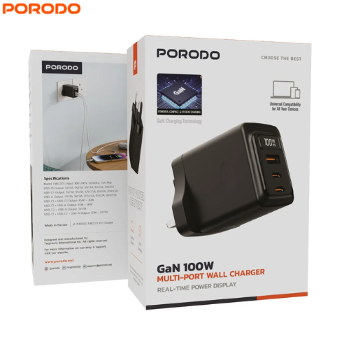 Porodo GaN 100W Multi-Port Charger with Power Display | PDFWCH073BK