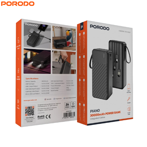 Porodo Piano 30000mAh Power Bank with Integrated Cables | Fast Charging (PDPBJ35BK)