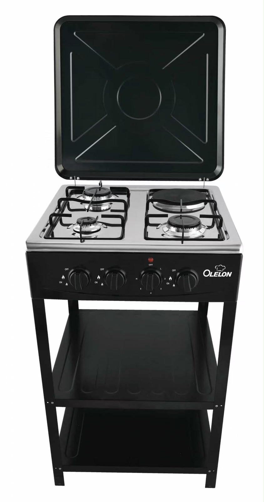 Olelon 3+1 Standing Gas Cooker with Shelves - 3 Gas Burners + 1 Electric Hot Plate, Multifunction Cooker