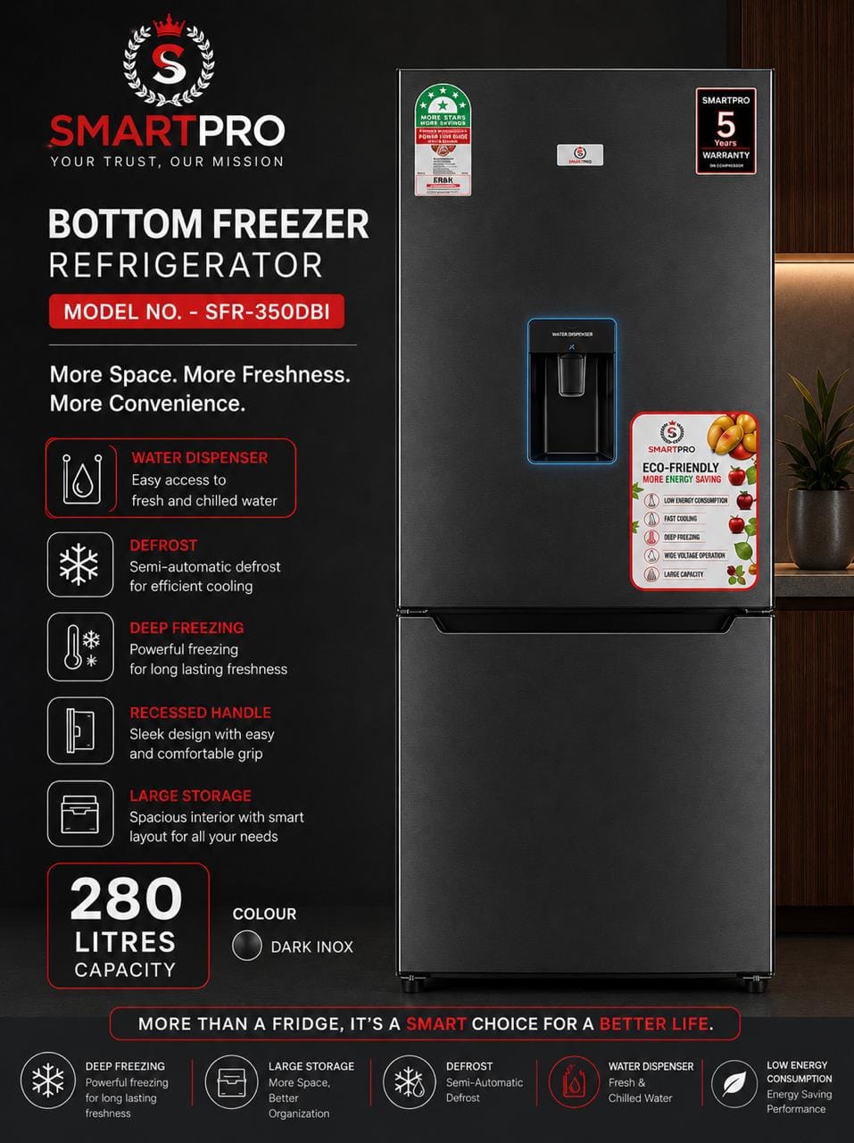 SmartPro SFR-350-DBI 280L Double Door Refrigerator – Dark Inox, Bottom Freezer, Water Dispenser, Energy Saving Fridge