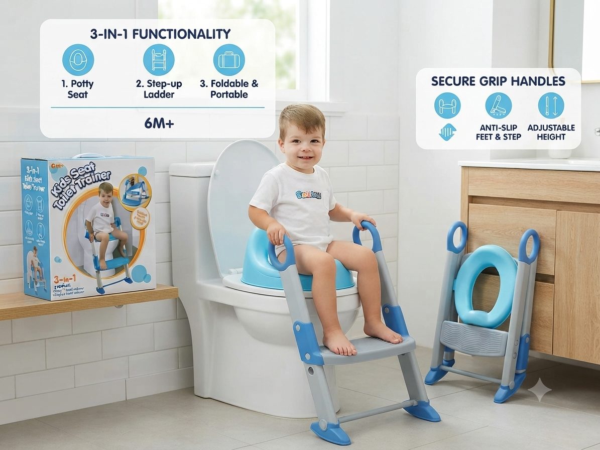 Kids Potty Training Ladder with Soft Cushioned Seat – Foldable Toddler Toilet Trainer, Adjustable Non-Slip Step Stool | Boys & Girls