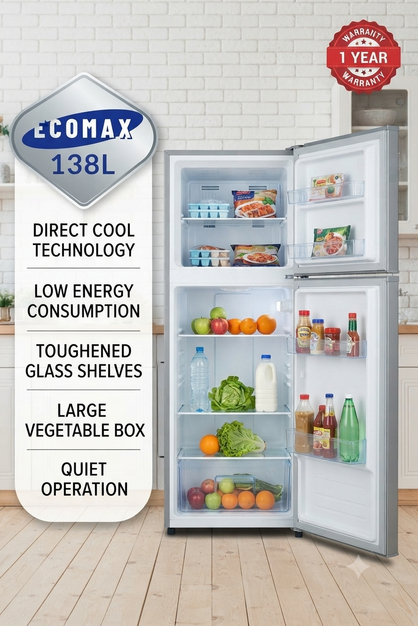 Ecomax 138L Double Door Refrigerator – Silver, Energy Saving Fridge, Top Freezer, BCD-138.