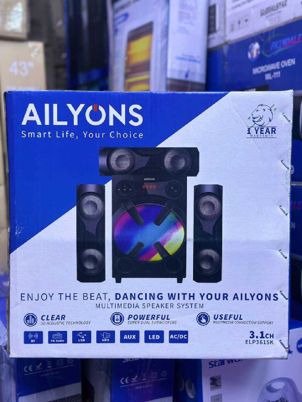 AILYONS ELP3615K 3.1 CHANNEL BLUETOOTH MULTIMEDIA SPEAKER SYSTEM WITH USB, FM RADIO, LED LIGHTING & 1-YEAR WARRANTY