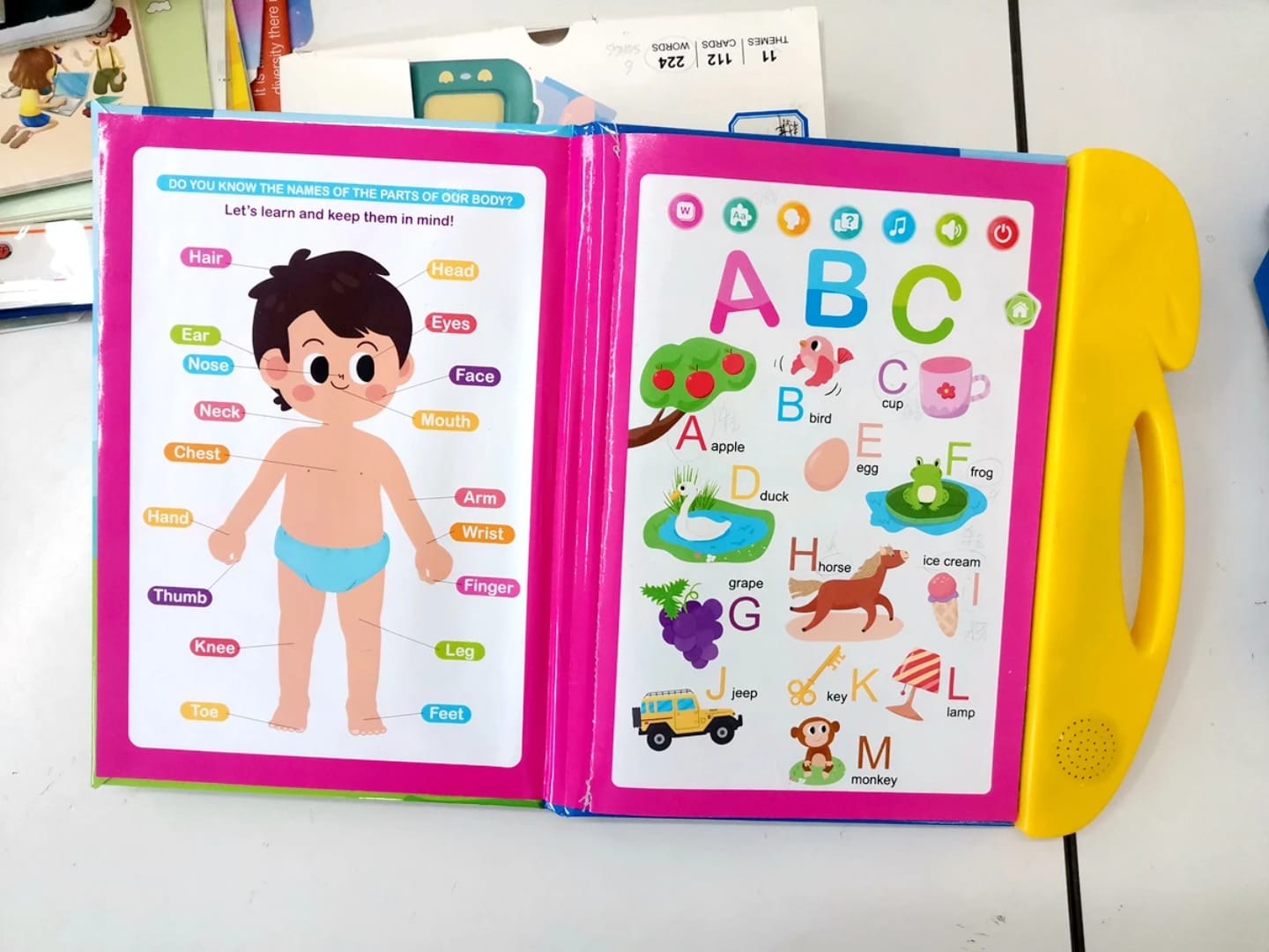 Audio Early childhood English Words Sound book, listen, learn read for Kids intelligence with 114 Words, 7 Learning Themes, 26 letter and Numbers, 15 interactive practice, and Songs