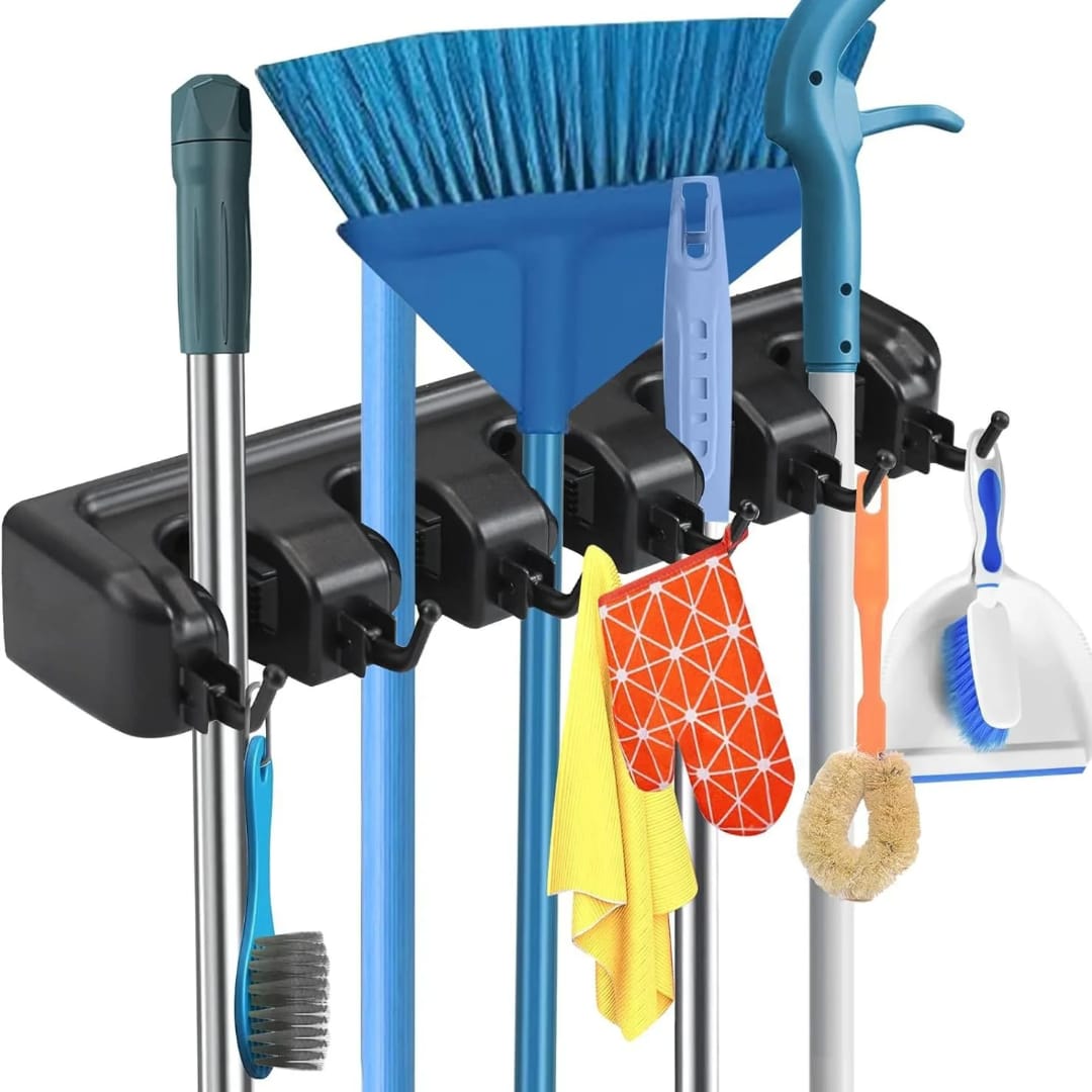 Mop Broom Holder 5 Position with 6 Hooks Storage Tool Rack Storage Organisation Home plastic  Mop Clip