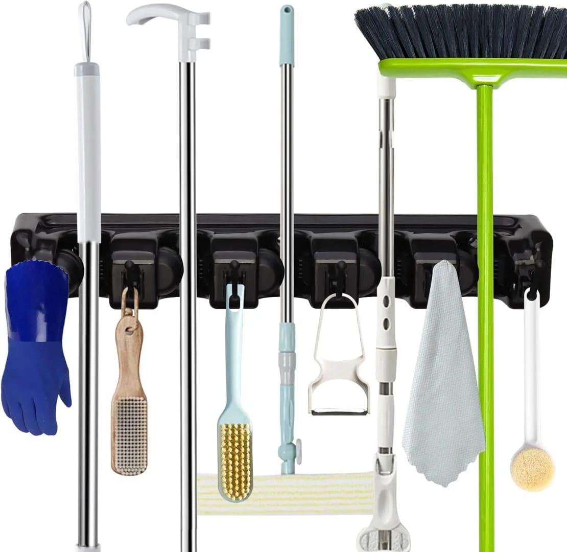 Mop Broom Holder 5 Position with 6 Hooks Storage Tool Rack Storage Organisation Home plastic  Mop Clip
