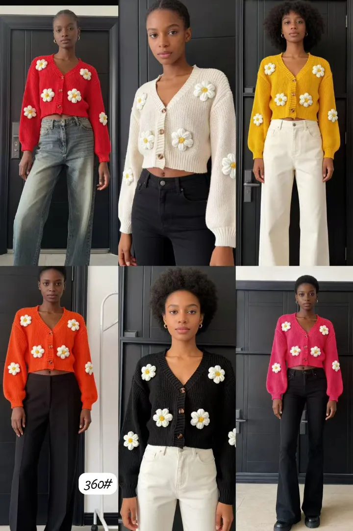 Beautiful Women Sweater Top V Neck with Attached Flowers Free Size Button Down Elegant Knit Blouse Stylish Casual Office Wear Soft Warm Fabric Cardigan Chic Outfit Can Style With Skirts, Trousers