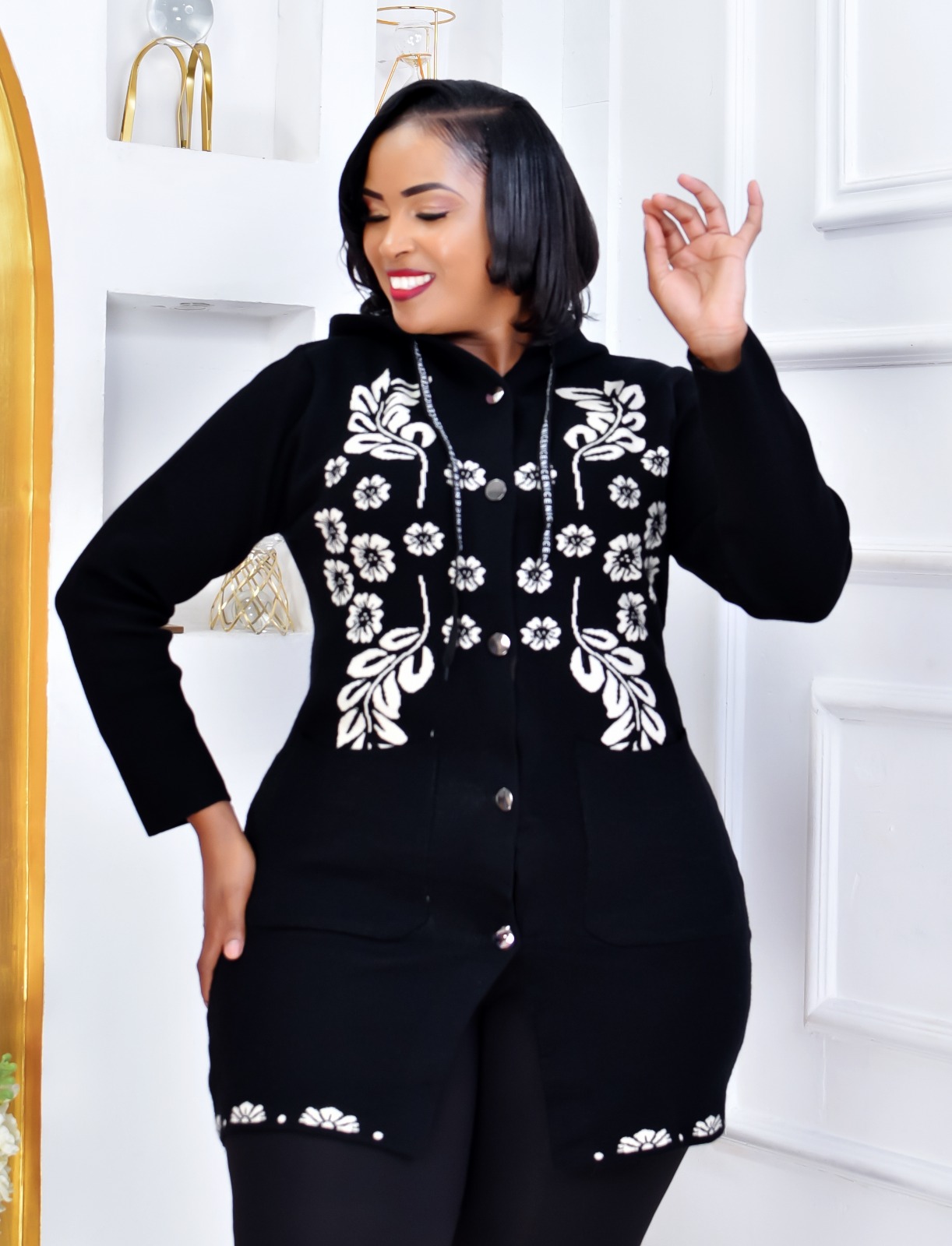 Original Turkey Women's Floral Print Longline Hoodie Sweater Jacket with Snap Buttons and Pockets Casual Outerwear Coat, Plus Size Curvy Fit, Warm Free Size Cardigan Jacket Heavy Sweater for Ladies