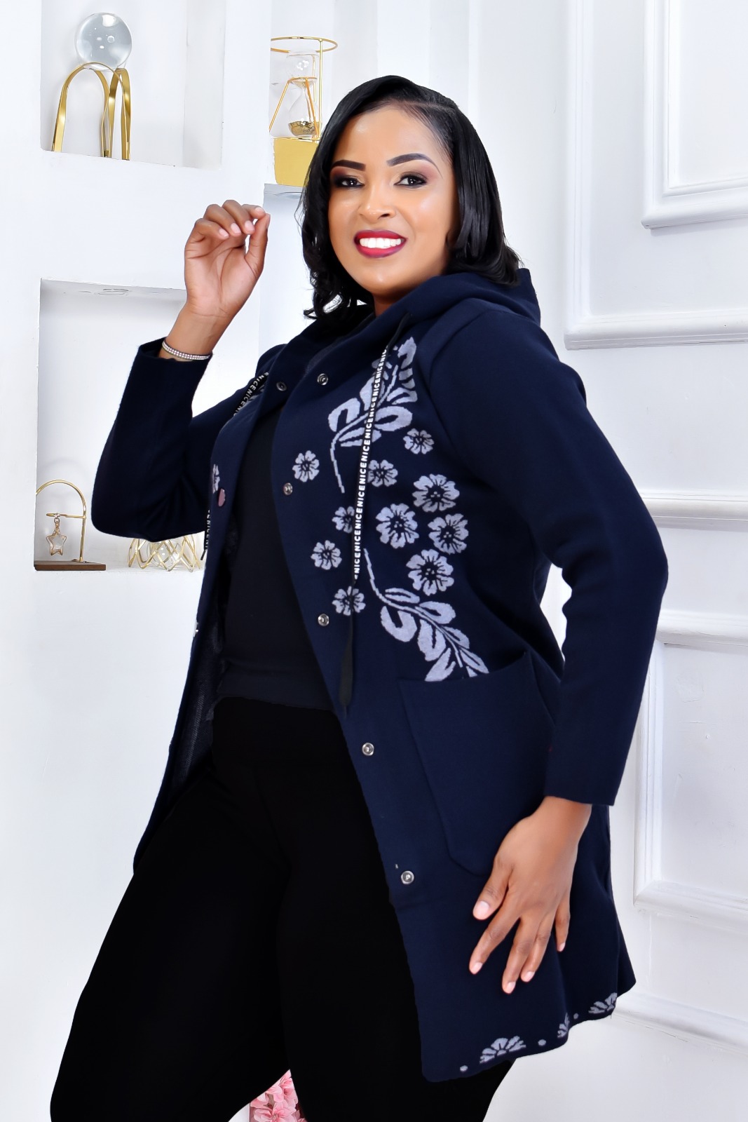 Original Turkey Women's Floral Print Longline Hoodie Sweater Jacket with Snap Buttons and Pockets Casual Outerwear Coat, Plus Size Curvy Fit, Warm Free Size Cardigan Jacket Heavy Sweater for Ladies