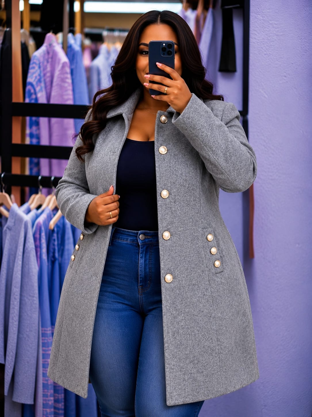 Women Classy Pearl button trench coat with Pockets Warm Varsity Style Coat Comfortable Casual Wear Soft Inner Layer Stylish Winter Jacket Sizes 3XL to 7XL