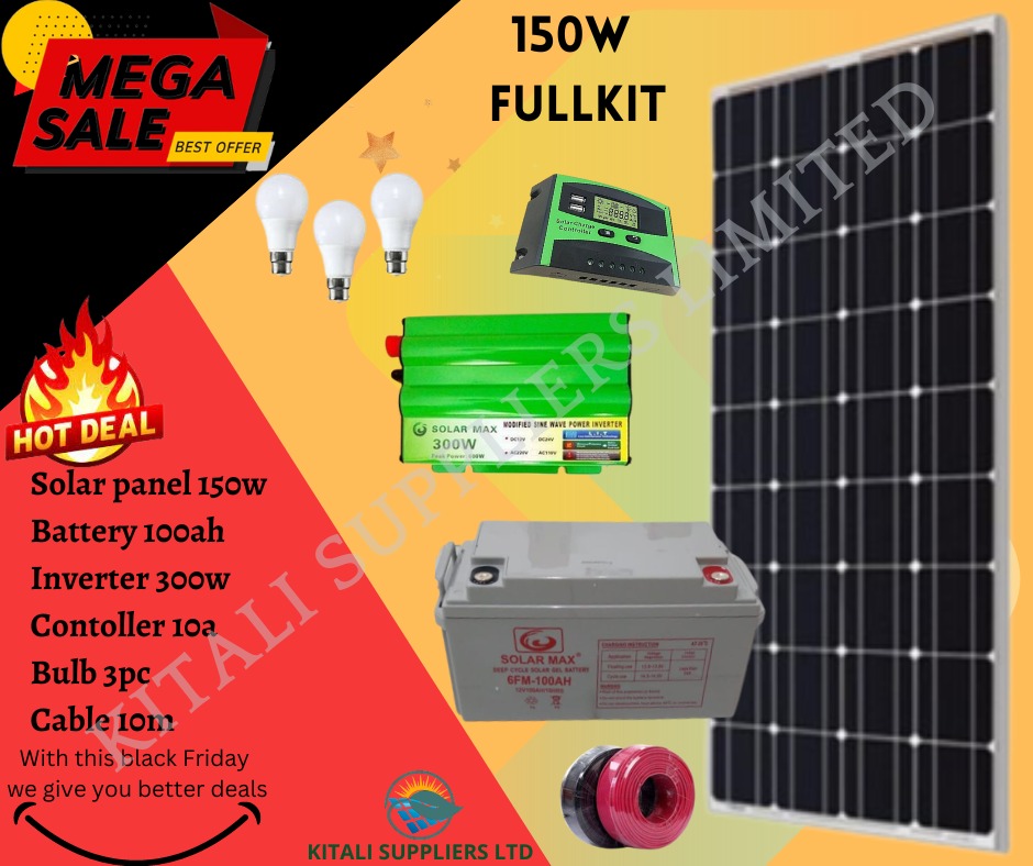 150W Solar Full Kit with 100Ah Solar Gel Battery, 300W Inverter, 10A Controller, 10m Cable & 3 Free DC Bulbs ⚡