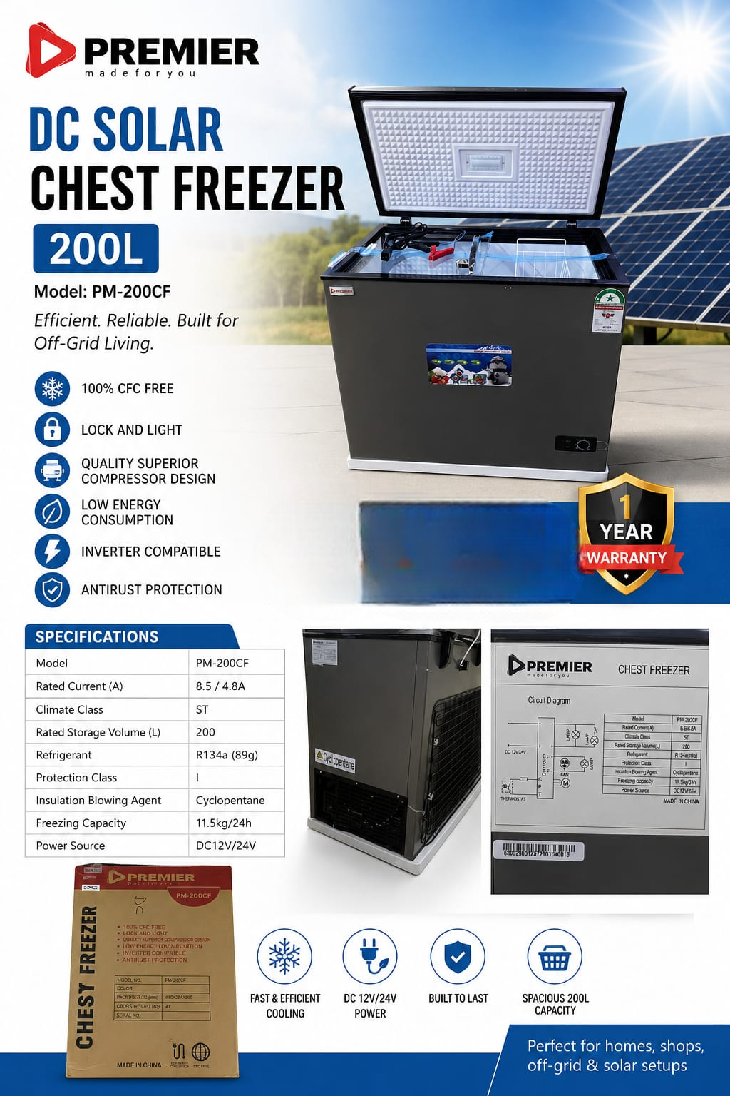 Premier DC Solar Chest Freezer 200L PM 200CF – Energy Efficient Solar Deep Freezer with 11.5KG Freezing Capacity ⚡🧊