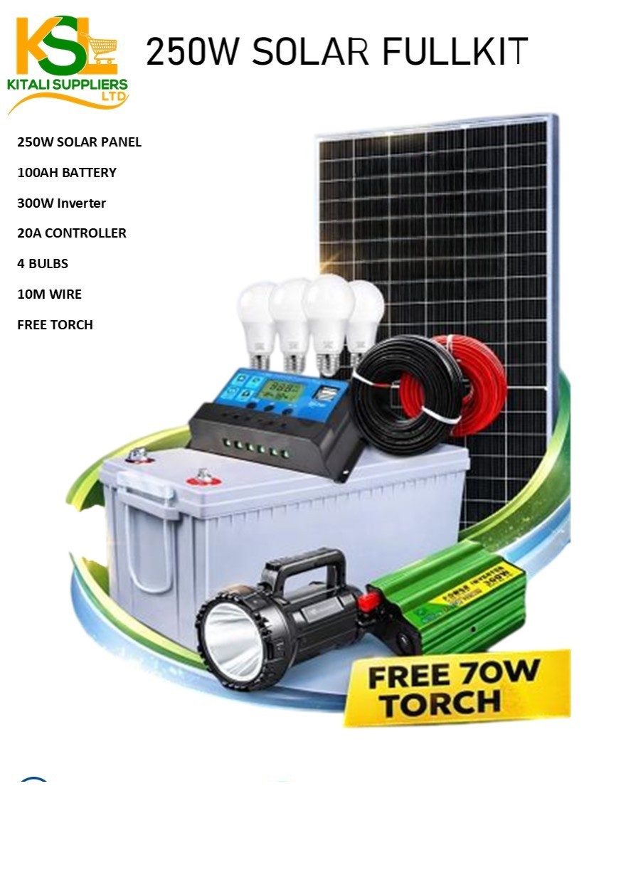 Shop the 250W complete solar full kit with panel, 200Ah battery, 300W inverter, controller, bulbs, wires & free torch. Perfect for home and off-grid power solutions