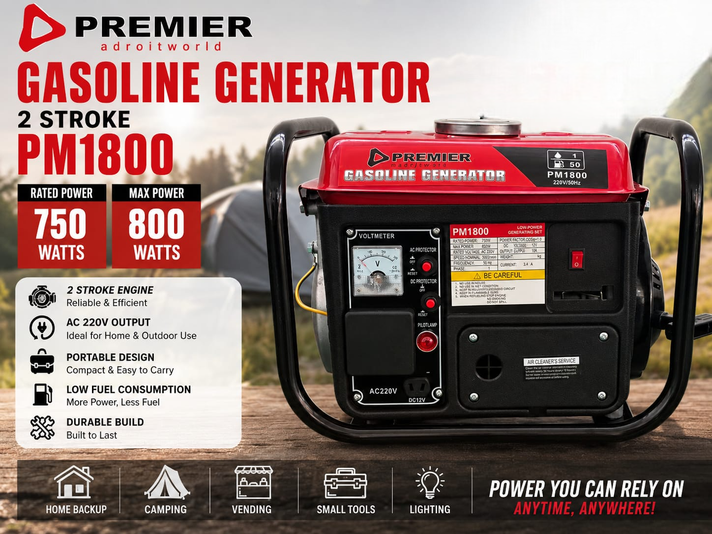 Premier PM1800 2-Stroke 800W Portable Gasoline Generator – Compact Power Solution for Home & Outdoor Use