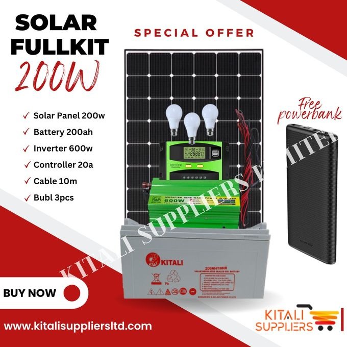 200W Solar Full Kit – 200W Solar Panel, 200Ah Battery, 600W Inverter, 20A Controller, 10M Cable, 3 Bulbs + Free Power Bank