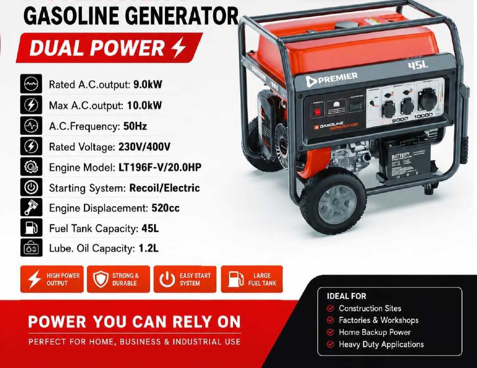 Premier LT13500 EMDG-B Gasoline Generator – Dual Starting System (Recoil & Electric Start)