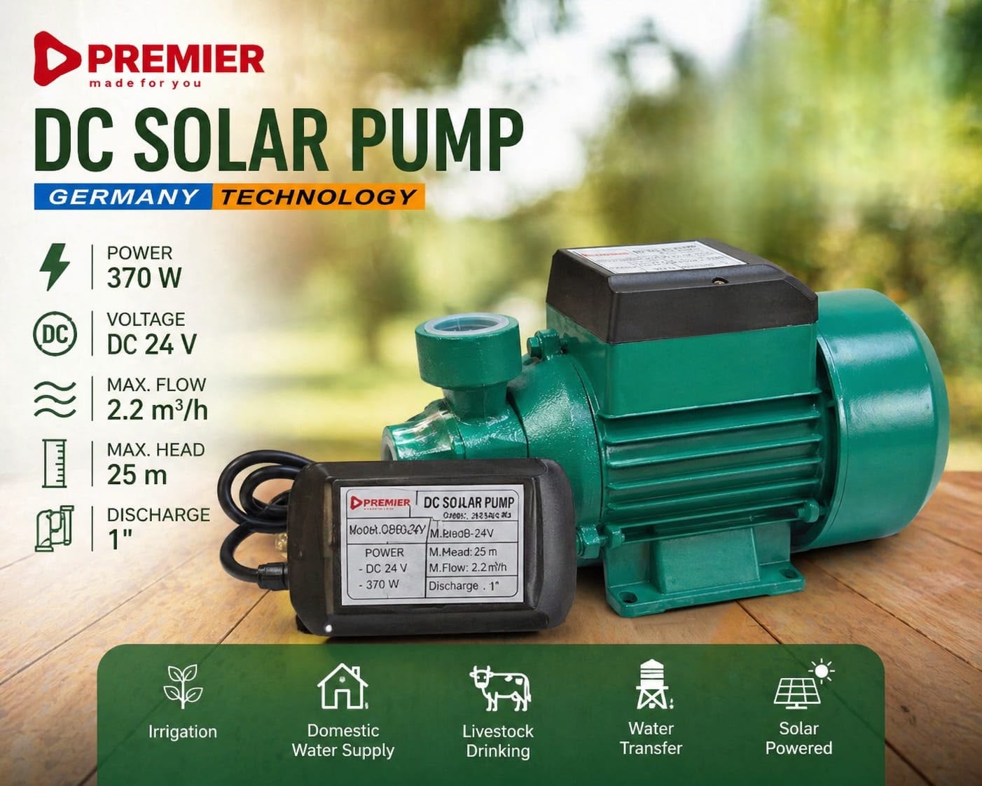 Premier 370W DC 24V Solar Water Pump | High-Efficiency Solar Pump for Irrigation, Livestock & Domestic Water Supply