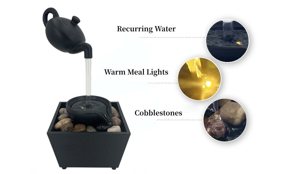Hot Sale Floating Teapot Water Fountain, USB 5V Battery Powered Tabletop Fountain with LED Lights Stones Mini Tabletop Waterfall Decoration for Home Office Gift With FREE PEBBLES