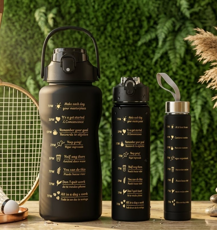 3-in-1 Motivational Water Bottle Set - 2L, 1L & 500ml BPA-Free Sports Jugs with Time Marker- BLACK ONLY