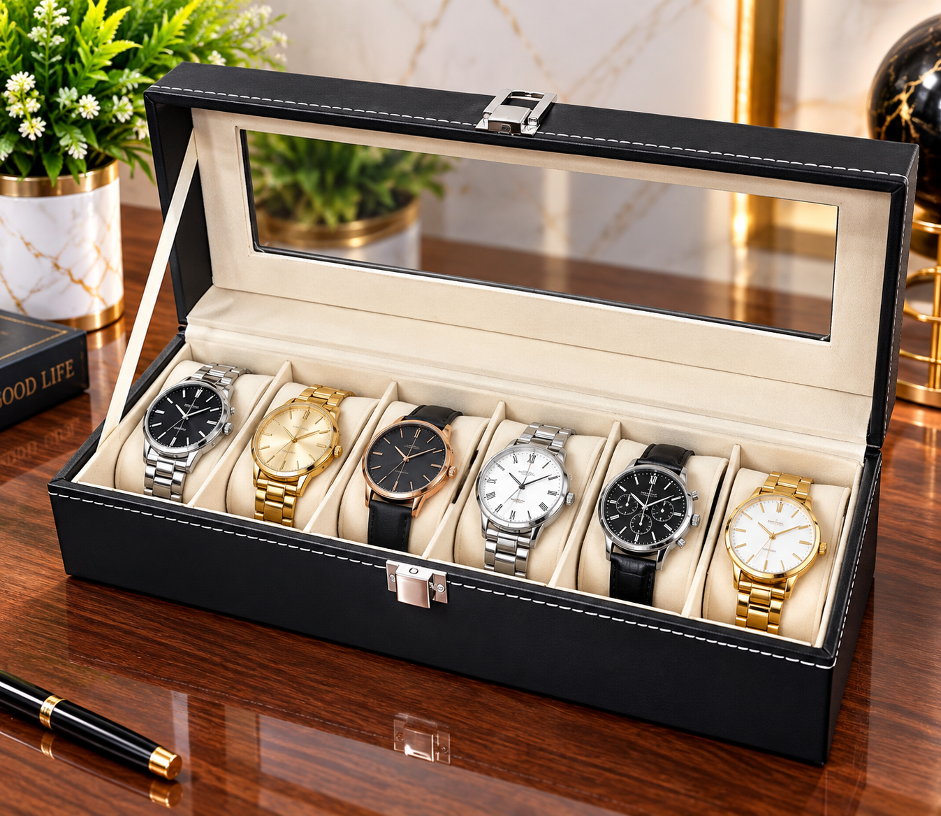 Soft leather 6 watch box organizer.