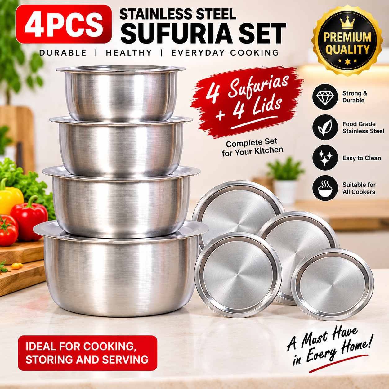 4Pcs Set Of Stainless Aluminum Sufuria WITH Lids..