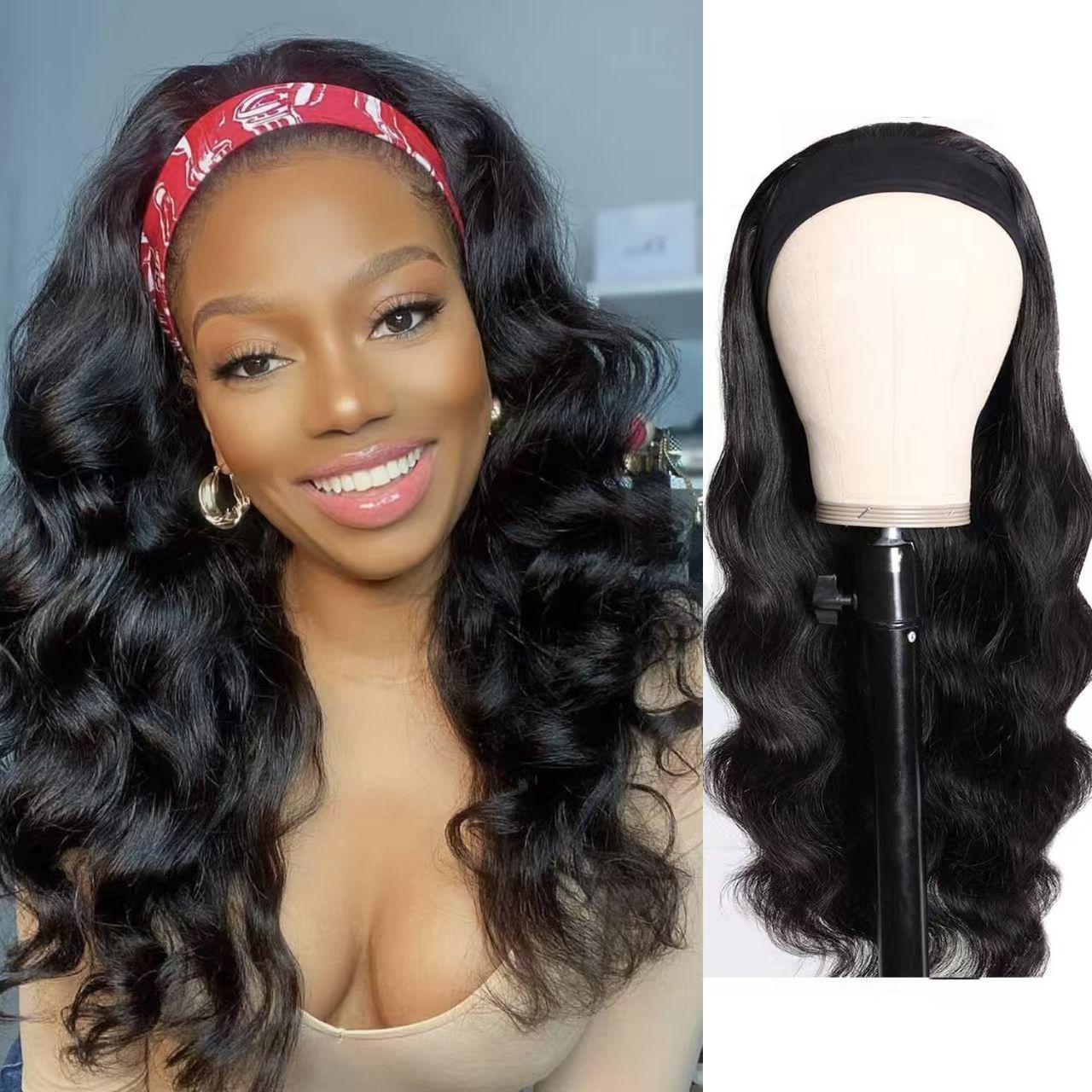 Long Bodywave Wavy Black  Headband Wig + Free gift