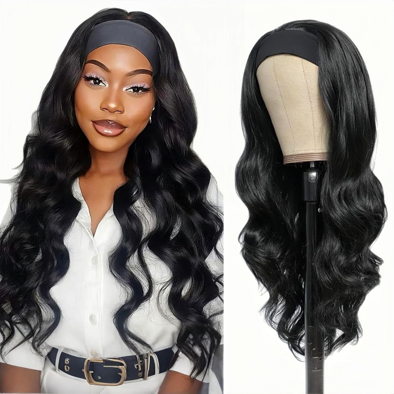 Long Bodywave Wavy Black  Headband Wig + Free gift