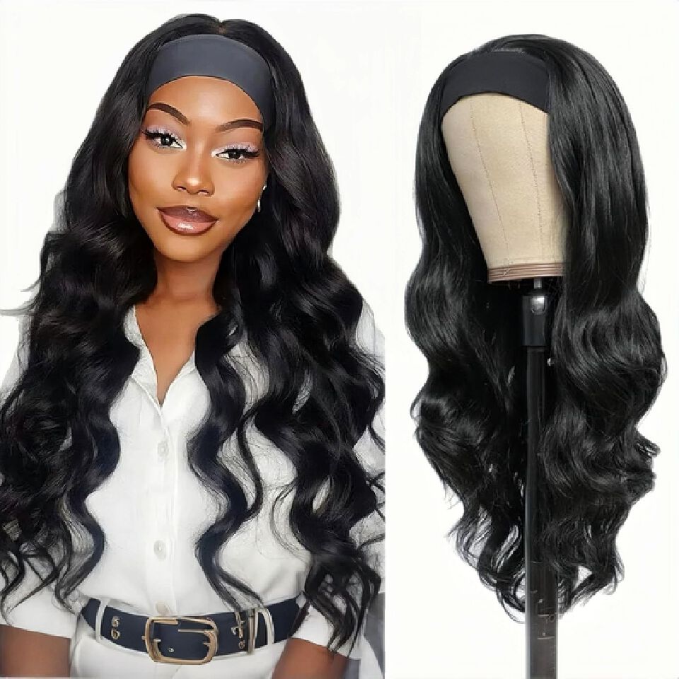Long Bodywave Wavy Black  Headband Wig + Free gift