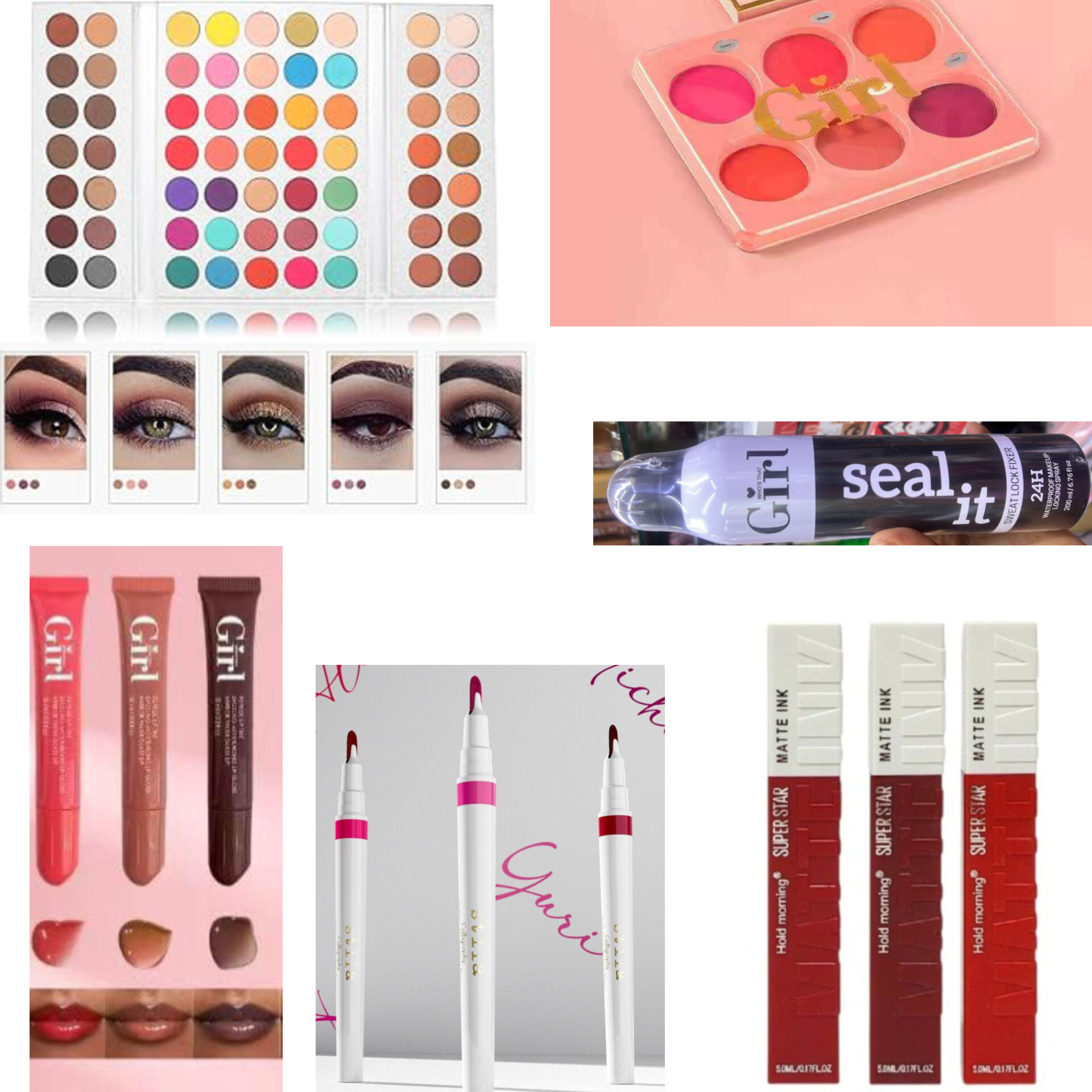 All - in - one Full makeup kit set - Eyeshadow palette Tray, blush palette, seal it sweat lock setting spray, 3pcs Lip gloss , 3pcs Lip liner, 3pcs Lipstick