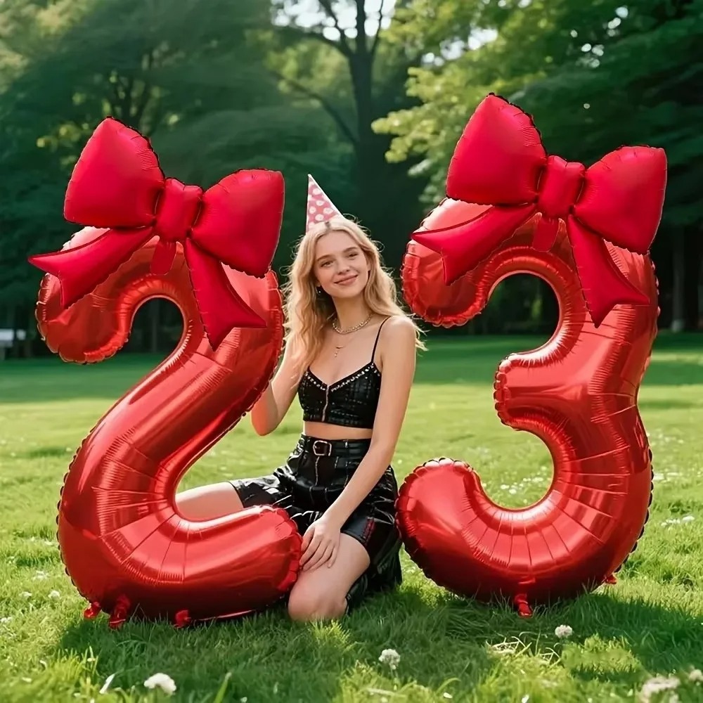 2 pcs 40inch Red Number 0-9 Balloon with Red Bowknot and glue dot for mounting birthday decoration