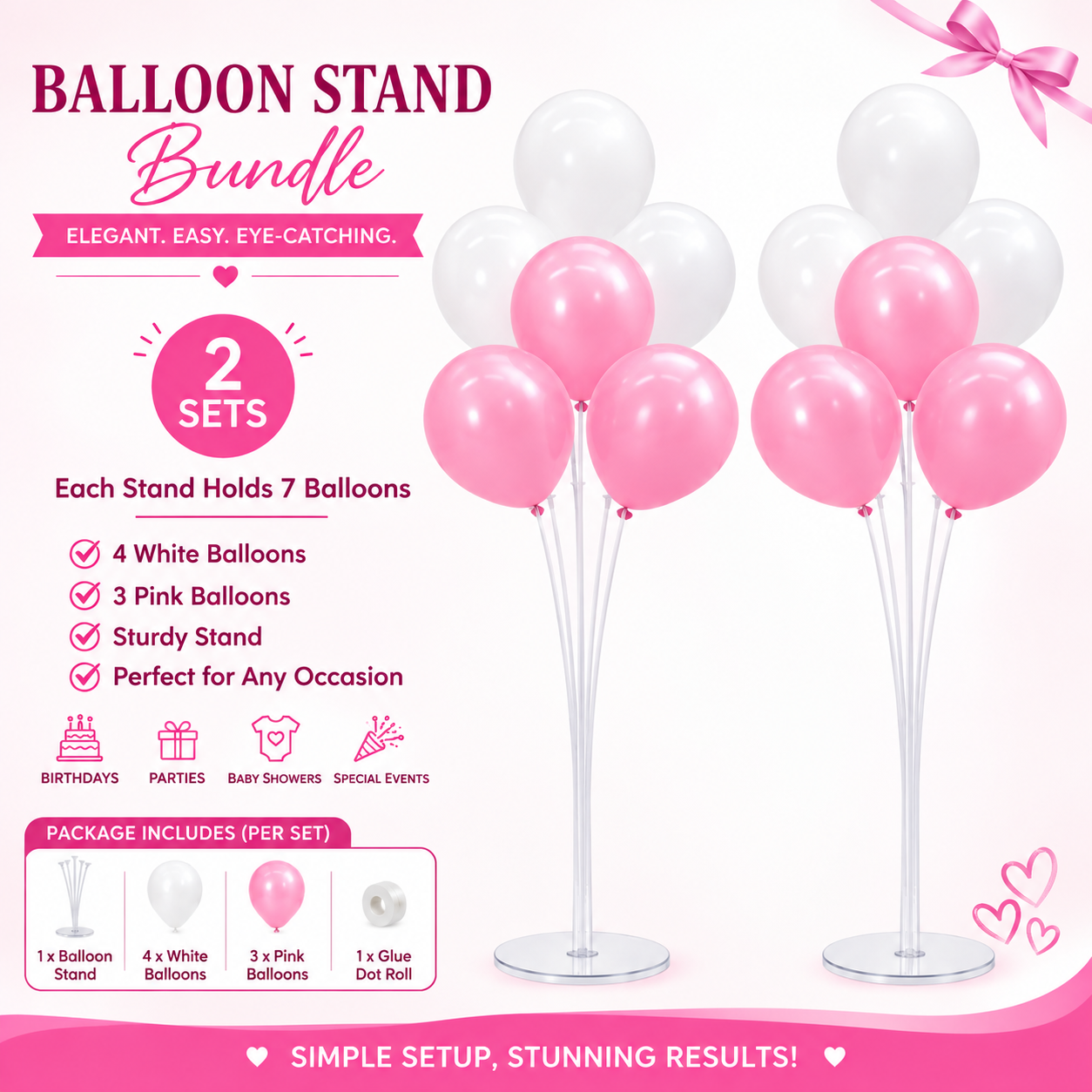 Balloon Stand with 7 mixed Balloon Set – Blue & White, pink & white balloons for birthday and baby shower decor