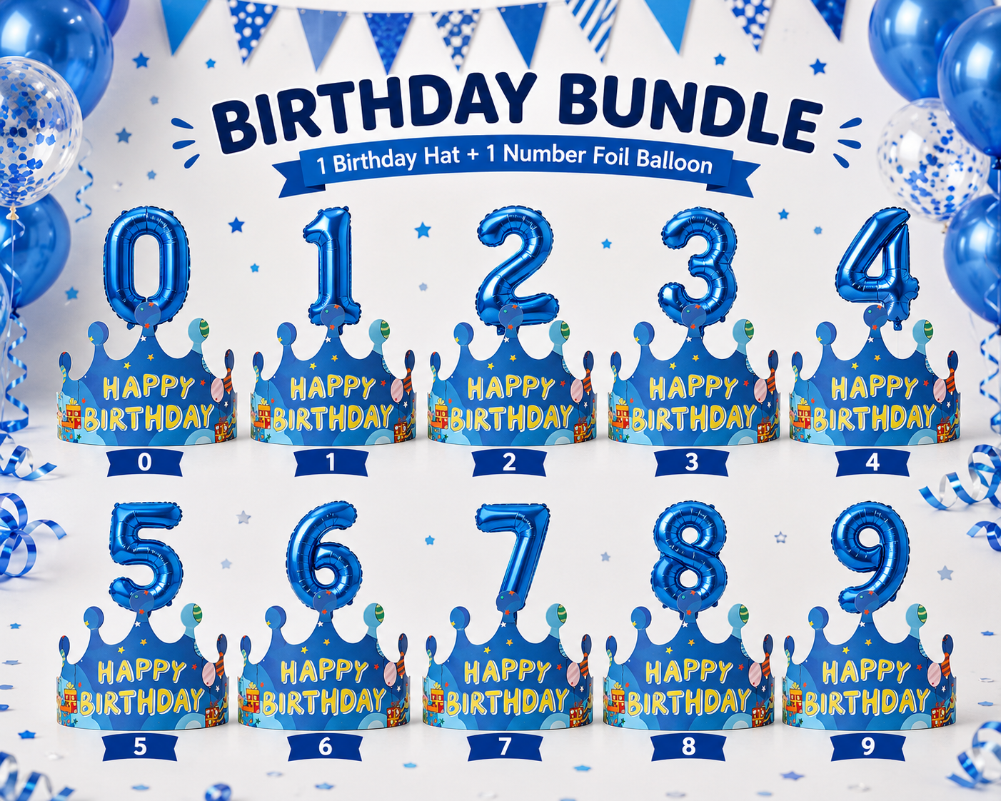 Boys Birthday Crown Hat & Number Foil Balloon Set – Birthday Party Decoration Kit